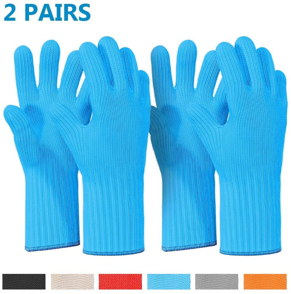 Heat Resistant Oven Gloves with Fingers - 2 Pairs Blue Kitchen Oven Mitt Set - Pot Holders Cotton Gloves - Double Oven Kitchen Gloves