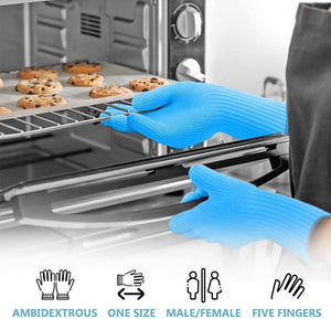 Heat Resistant Oven Gloves with Fingers -1 Pair Long Blue Kitchen Oven Mitt Set - Pot Holders Cotton Gloves - Double Oven Kitchen Gloves