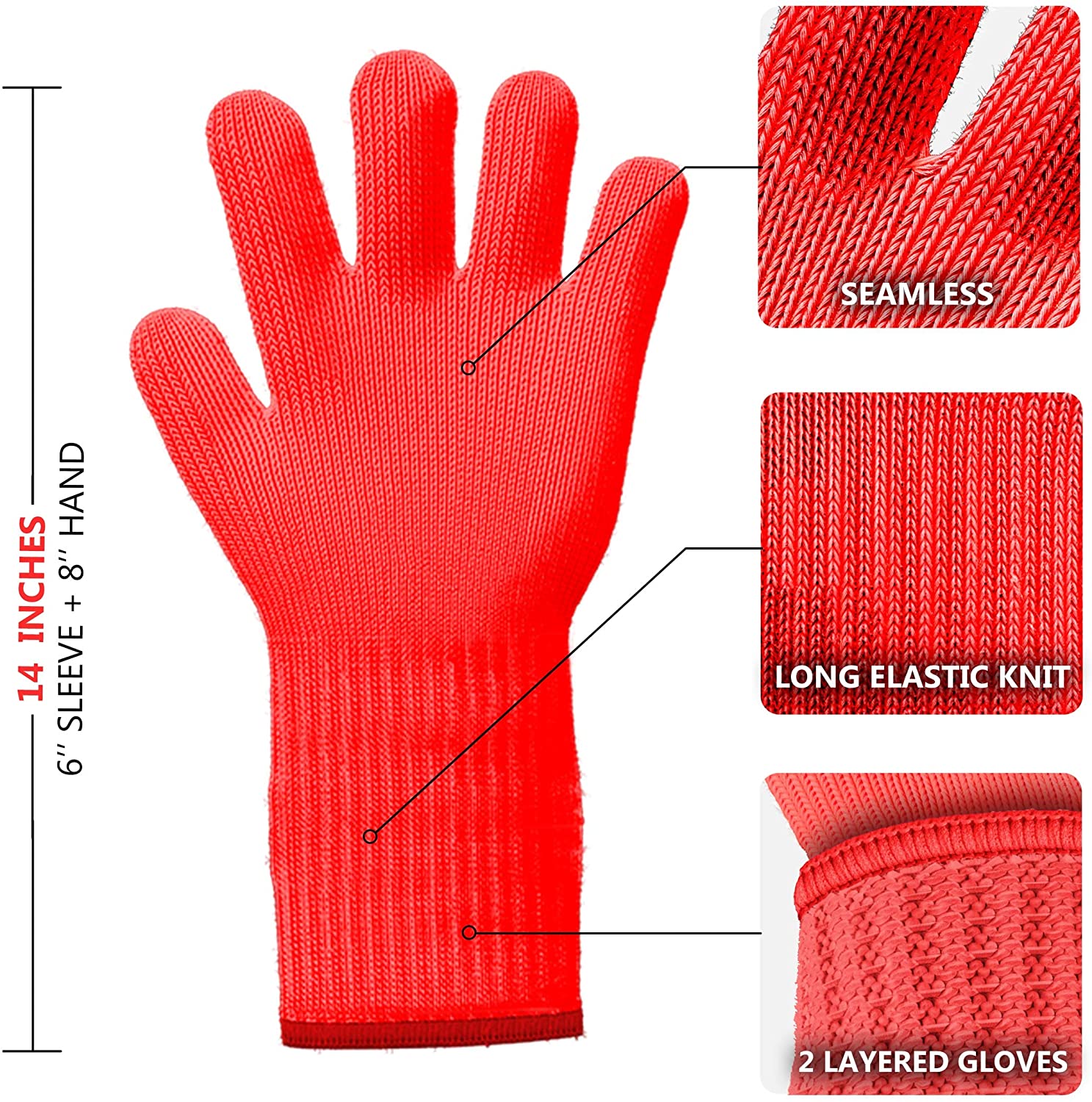 Killer's Instinct Outdoors 2 Pairs Red Heat Resistant Gloves Oven Gloves Heat Resistant with Fingers Oven Mitts Kitchen Pot Holders Cotton Gloves Kitchen Gloves Double Oven Mitt Set (Long+Standart)