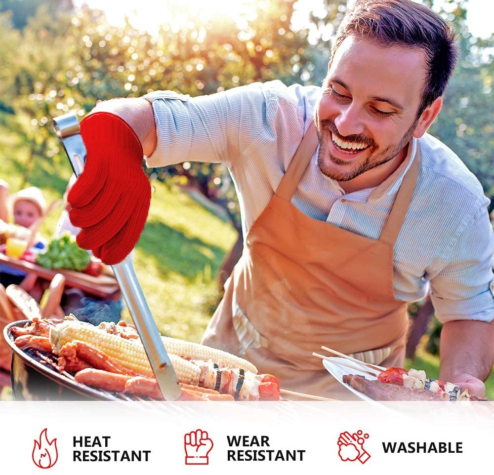 2 Pairs Long Heat Resistant Gloves Oven Gloves Heat Resistant with Fingers Red Oven Mitts Kitchen Pot Holders Cotton Gloves Red Long Kitchen Gloves Double Oven Mitt Set (4 pcs)