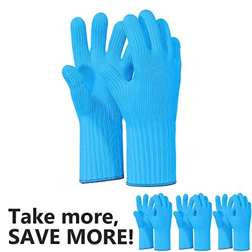 Heat Resistant Oven Gloves with Fingers - 2 Pairs Blue Kitchen Oven Mitt Set - Pot Holders Cotton Gloves - Double Oven Kitchen Gloves