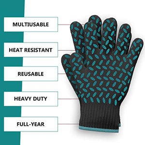 1 PAIR Heat Resistant Gloves Oven Gloves Heat Resistant Black BBQ Gloves For Grilling BBQ Gloves Heat Resistant Cooking Heat Resistant Gloves Kitchen Heat Gloves High Temp Grill Gloves with Silicone