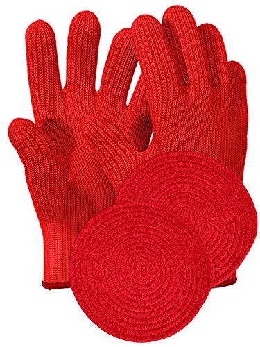 Heat Resistant Oven Gloves with Fingers - 1 Pairs Red Kitchen Oven Mitt Set - Pot Holders Cotton Gloves - Double Oven Kitchen Glove - Limited Collection Red- Round Cotton Mats