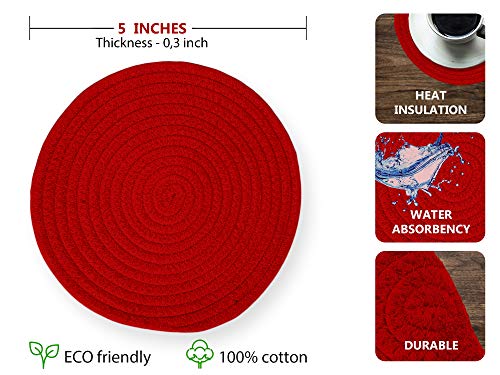 Cotton Round Woven Coasters Drink - Handmade Braided Cup Coasters Absorbent Woven Coasters Hot Pads Mats for Drink Home Kitchen Heat-Resistant Reusable Non-Slip (8 pcs red)