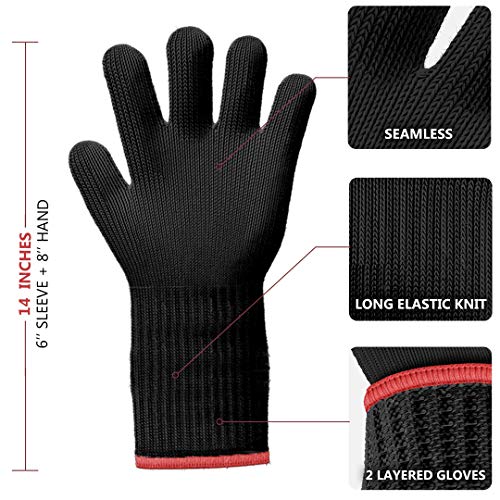 1 PAIR Long Heat Resistant Gloves Oven Gloves Heat Resistant With Fingers Oven Mitts Kitchen Pot Holders Cotton Gloves Long Kitchen Gloves Double Oven Mitt Set Oven Gloves With Fingers (Black, 2 pcs)