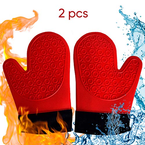 2PCS Red Black Professional Extra Large Silicone Oven Mitts and Pot Holders Oven Gloves Heat Resistant Gloves Kitchen Mittens BBQ Gloves for Cooking Grill Gloves Rubber Oven Mitt Cooking Gloves