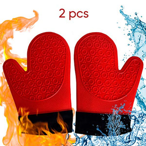 2PCS Red Black Professional Extra Large Silicone Oven Mitts and Pot Holders Oven Gloves Heat Resistant Gloves Kitchen Mittens BBQ Gloves for Cooking Grill Gloves Rubber Oven Mitt Cooking Gloves