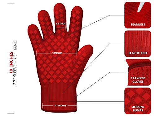 Heat Resistant Gloves Oven Gloves Heat Resistant Red BBQ Gloves For Grilling Gloves Cooking Heat Resistant Gloves Kitchen Heat Gloves High Temp Grill Gloves with Silicone (Meta-Aramid, 1 pair)