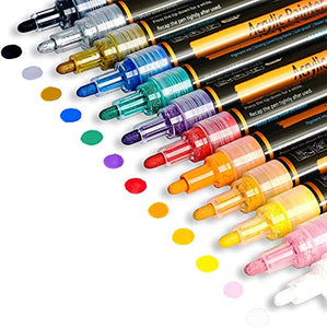 ACRYLIC PAINT MARKERS SET OF 12 Paint Pens markers for Glass permanent - Plastic - Rock Painting - Porcelain - Ceramic - Fabric - Enamel pen - Canvas - School craft - Paint supplies for artists