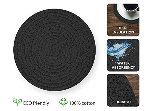 Cotton Round Woven Coasters Drink - Handmade Braided Cup Coasters Absorbent Woven Coasters Hot Pads Mats for Drink Home Kitchen Heat-Resistant Reusable Non-Slip (4 pcs black)