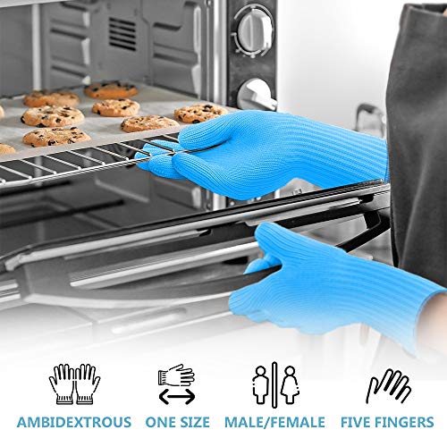 Heat Resistant Oven Gloves with Fingers - 2 Pairs Blue Kitchen Oven Mitt Set - Pot Holders Cotton Gloves - Double Oven Kitchen Gloves