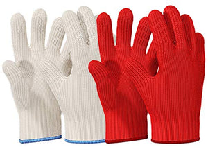 Heat Resistant Oven Gloves with Fingers - 2 Pairs (White Red) Kitchen Oven Mitt Set - Pot Holders Cotton Gloves - Double Oven Kitchen Gloves