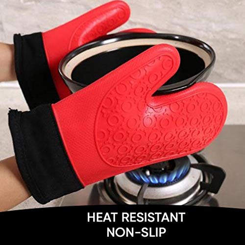 2PCS Red Black Professional Extra Large Silicone Oven Mitts and Pot Holders Oven Gloves Heat Resistant Gloves Kitchen Mittens BBQ Gloves for Cooking Grill Gloves Rubber Oven Mitt Cooking Gloves