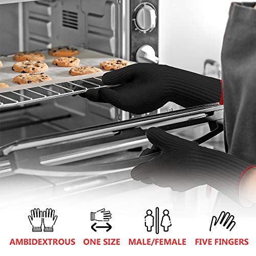 1 PAIR Long Heat Resistant Gloves Oven Gloves Heat Resistant With Fingers Oven Mitts Kitchen Pot Holders Cotton Gloves Long Kitchen Gloves Double Oven Mitt Set Oven Gloves With Fingers (Black, 2 pcs)