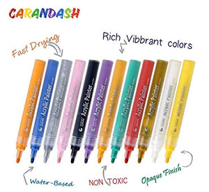 ACRYLIC PAINT MARKERS SET OF 12 Paint Pens markers for Glass permanent - Plastic - Rock Painting - Porcelain - Ceramic - Fabric - Enamel pen - Canvas - School craft - Paint supplies for artists