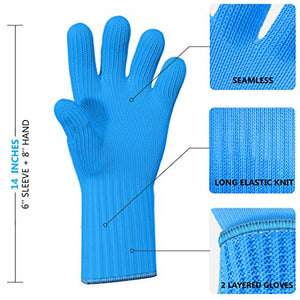 Heat Resistant Oven Gloves with Fingers - 2 Pairs Blue Kitchen Oven Mitt Set - Pot Holders Cotton Gloves - Double Oven Kitchen Gloves