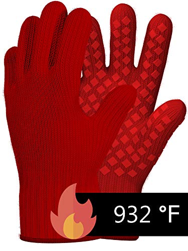 Heat Resistant Gloves Oven Gloves Heat Resistant Red BBQ Gloves For Grilling Gloves Cooking Heat Resistant Gloves Kitchen Heat Gloves High Temp Grill Gloves with Silicone (Meta-Aramid, 1 pair)