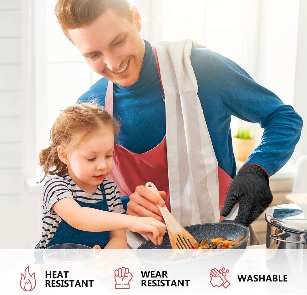 1 PAIR Heat Resistant Gloves Oven Gloves Heat Resistant With Fingers Oven Mitts Kitchen Pot Holders Cotton Gloves Kitchen Gloves Double Oven Mitt Set Oven Gloves With Fingers (Black, 2 pcs)