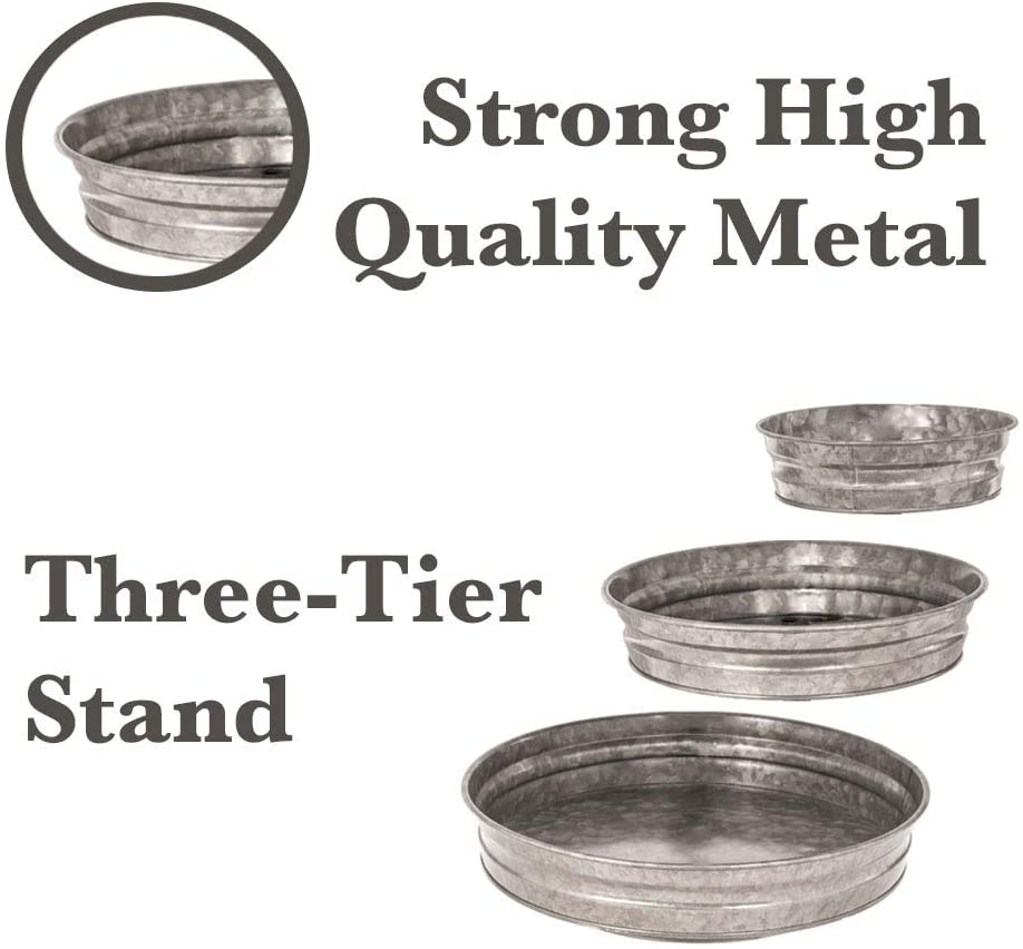 3 Tier Serving Tray Vintage Galvanized Metal Stand Kitchen Tiered Home Farmhouse Style Decor Rustic Country Cupcake Stand Bar Accessories for Indoor Outdoor Use (Silver)