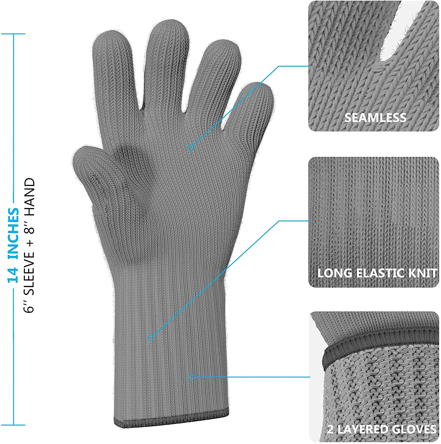 Heat Resistant Oven Gloves with Fingers -1 Pair Grey Kitchen Oven Mitt Set - Pot Holders Cotton Gloves - Double Oven Kitchen Gloves