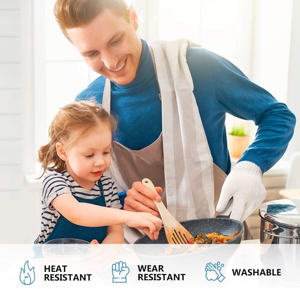 2 Pairs White Long Sleeve Heat Resistant Gloves Oven Gloves Heat Resistant with Fingers Oven Mitts Kitchen Pot Holders Cotton Gloves Kitchen Gloves Double Oven Mitt Set (Long+Standart)