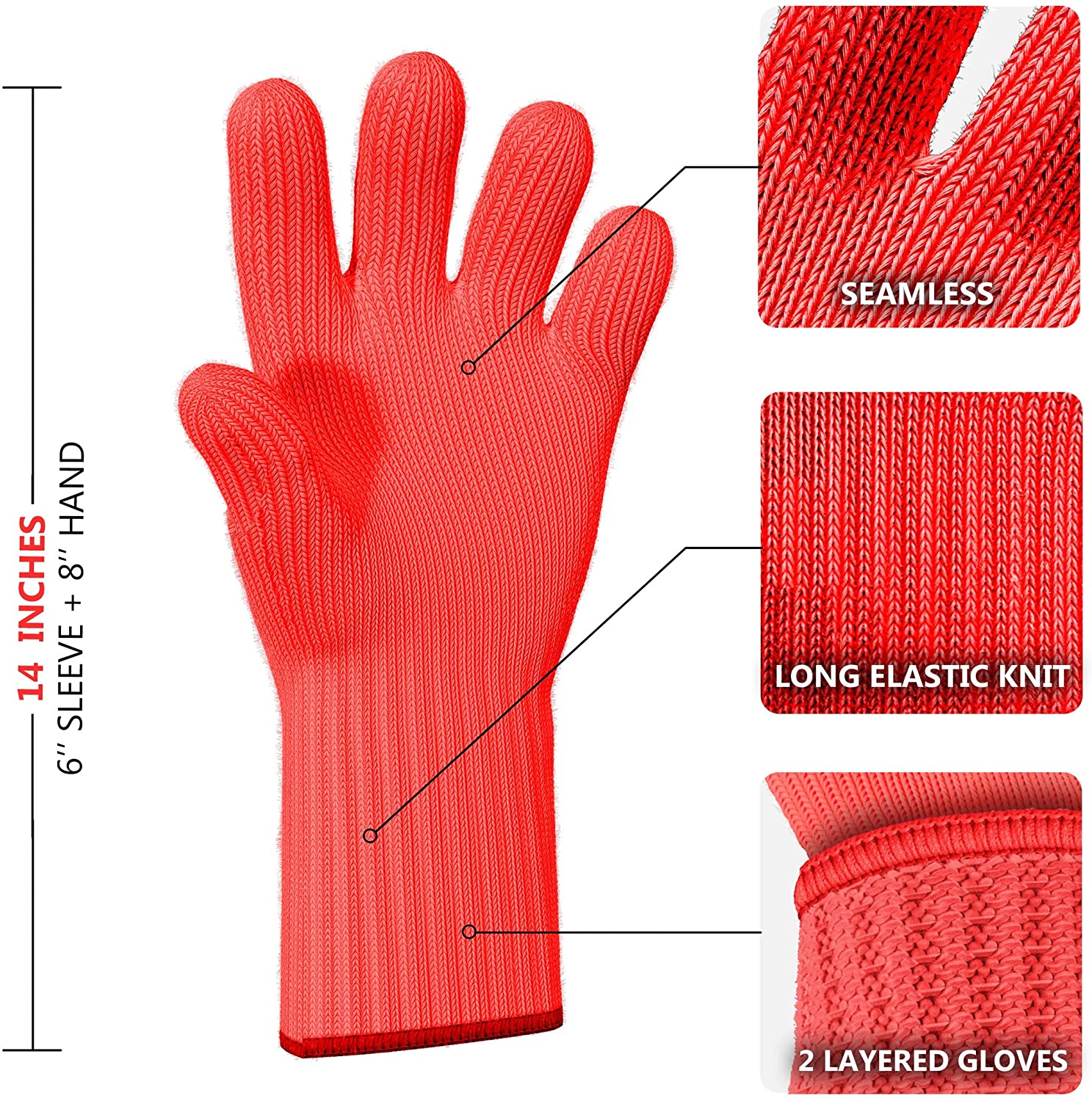 1 Pair Long Sleeve Heat Resistant Gloves Oven Gloves Heat Resistant with Fingers Red Oven Mitts Kitchen Pot Holders Cotton Gloves Red Long Kitchen Gloves Double Oven Mitt Set (2 pcs)