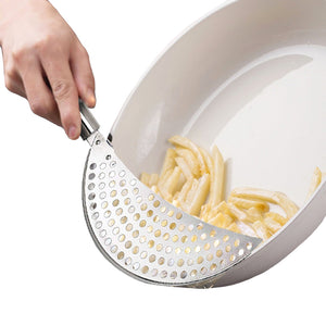 Pan Pot Strainer with Handle Stainless Steel Hand Held Crescent Drainer for Spaghetti Fry Noodles Fruit Vegetable Pasta Strainer Colander Heavy Duty Food Drainers